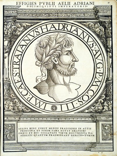 Aelius Hadrianus, ilustracja z Imperatorum romanorum omnium orientalium et occidentalium verissimae imagines ex antiquis numismatis, drzeworyt Rudolpha Wyssenbacha, wydrukowany przez Andreasa Gesnera, Zuri autorstwa Hans Rudolf Manuel Deutsch