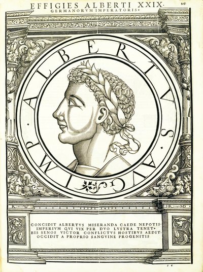 Albert I, ilustracja z „Cesarzy rzymskich całego Wschodu i Zachodu”, drzeworyt Rudolpha Wyssenbacha, druk Andreas Gesner, Zurych autorstwa Hans Rudolf Manuel Deutsch