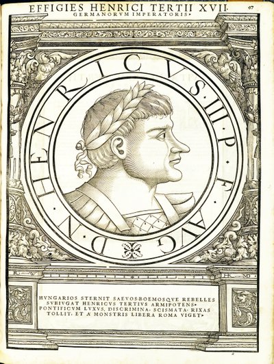 Henryk III, ilustracja z „Cesarzy rzymskich całego Wschodu i Zachodu”, drzeworyt Rudolpha Wyssenbacha, druk Andreas Gesner, Zurych autorstwa Hans Rudolf Manuel Deutsch