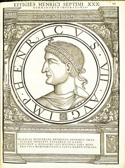 Henricus VII, ilustracja z "Imperatorum romanorum omnium orientalium et occidentalium verissimae imagines ex antiquis numismatis", drzeworyt Rudolpha Wyssenbacha, wydrukowany przez Andreasa Gesnera, Zurych. autorstwa Hans Rudolf Manuel Deutsch
