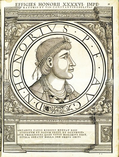 Honorius, ilustracja z „Cesarzy rzymskich całego Wschodu i Zachodu”, drzeworyt Rudolpha Wyssenbacha, druk Andreas Gesner, Zurych, 15. autorstwa Hans Rudolf Manuel Deutsch