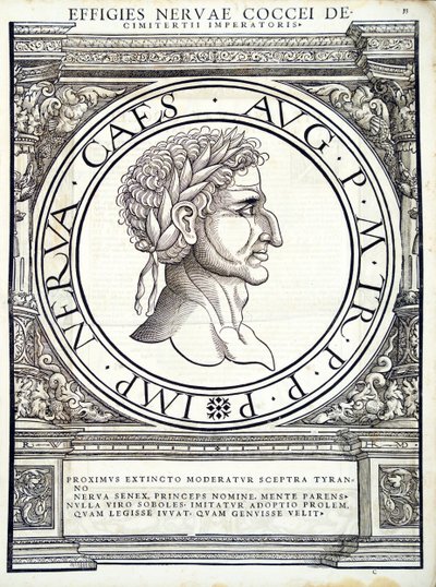 Nerwa, ilustracja z „Cesarzy rzymskich całego Wschodu i Zachodu”, drzeworyt Rudolpha Wyssenbacha, druk Andreas Gesner, Zurych, 1559 autorstwa Hans Rudolf Manuel Deutsch