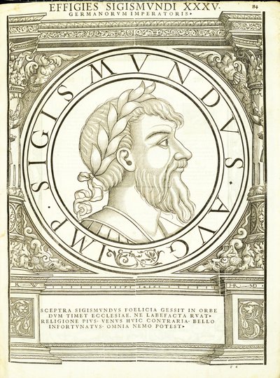 Sigismundus, ilustracja z "Imperatorum romanorum omnium orientalium et occidentalium verissimae imagines ex antiquis numismatis", drzeworyt Rudolpha Wyssenbacha, wydrukowany przez Andreasa Gesnera, Zurych, autorstwa Hans Rudolf Manuel Deutsch