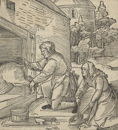 Rolnik ubijający świnię, z Hymmelwagen auff dem, wer wol leben..., 1517. autorstwa Hans Schäufelein the Elder