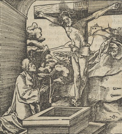 Człowiek modlący się przed krucyfiksem, z Hymmelwagen auff dem, wer wol Leben..., 1517. autorstwa Hans Schäufelein the Elder