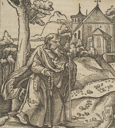 Stary pielgrzym idący w prawo, z Hymmelwagen auff dem, wer wol Leben..., 1517. autorstwa Hans Schäufelein the Elder