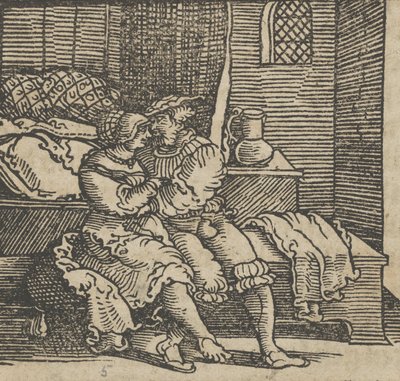 Spinneloccio Zamknięty w skrzyni, na której siedzą jego żona i Zeppa, z The..., przed 1534 rokiem. autorstwa Hans Schäufelein the Elder