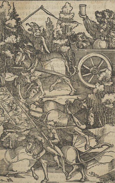 Pijany człowiek na rydwanie w drodze do piekła, z Hymmelwagen o tym, kto żyje ....., 1517. autorstwa Hans Schäufelein the Elder