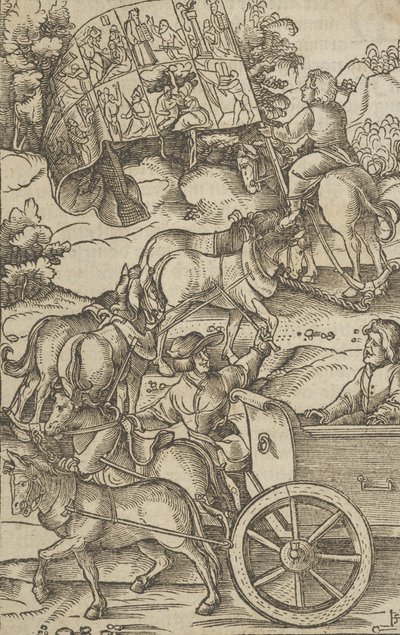 Cnotliwy człowiek na rydwanie w drodze do nieba, z Hymmelwagen auff dem, wer wol leb..., 1517. autorstwa Hans Schäufelein the Elder