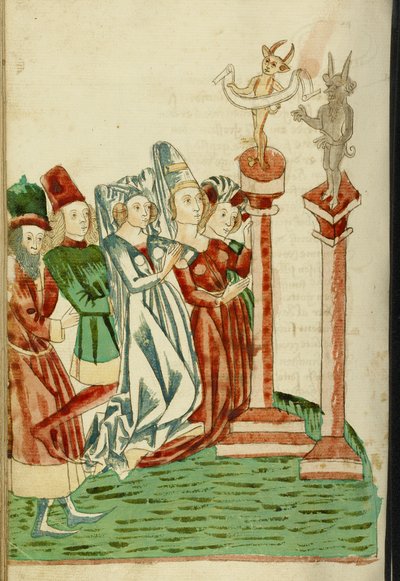 Grupa mężczyzn i kobiet kultu dwóch bożków, 1469 (tusz, wash i tempera na papierze) autorstwa Hans Schilling