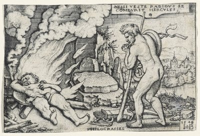 Śmierć Herkulesa, 1548 (rycina na papierze czerpanym, oprawiona w tekturę celulozową) autorstwa Hans Sebald Beham