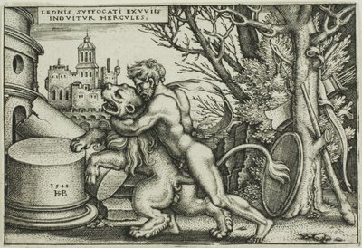 Herkules i lew nemejski, z prac Herkulesa autorstwa Hans Sebald Beham