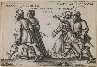 "Styczeń i luty" z serii "Święto chłopskie, czyli dwanaście miesięcy" autorstwa Hans Sebald Beham
