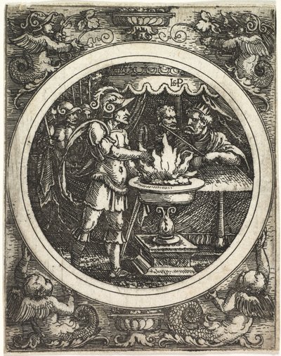 Mucius Scaevola trzymający rękę w ogniu, c. 1520. autorstwa Hans Sebald Beham