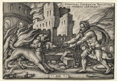 Prace Herkulesa: Herkules wyciągający Cerberusa z zaświatów autorstwa Hans Sebald Beham