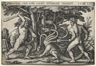 Prace Herkulesa: Herkules zabija Hydrę Lerneańską, 1545. autorstwa Hans Sebald Beham