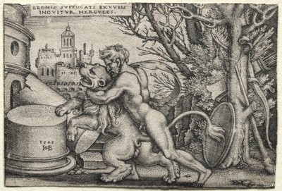 Prace Herkulesa: Herkules dusi lwa nemejskiego, 1548. autorstwa Hans Sebald Beham