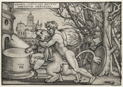 Prace Herkulesa: Herkules dusi lwa nemejskiego, 1548. autorstwa Hans Sebald Beham