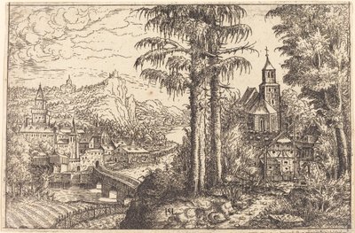 Widok miasta nad rzeką z kościołem po prawej stronie, 1553. autorstwa Hans Sebald Lautensack