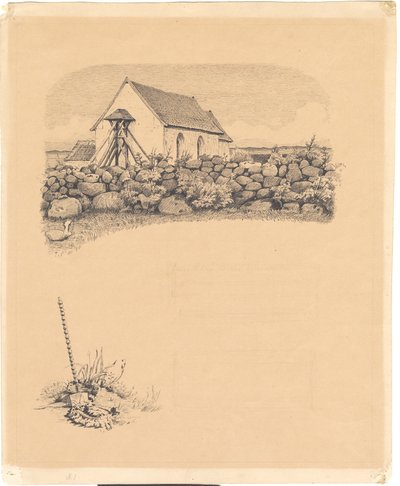 Ilustracja do św. św. Trybuny: „kosi”. F.o.: kościół za kamieniami; n.: miejsce grobowe (?) z łopatą autorstwa Hans Smidth