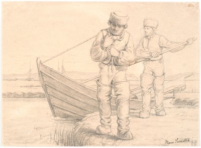 Dwóch rybaków z Limfjord ciągnie łódkę autorstwa Hans Smidth