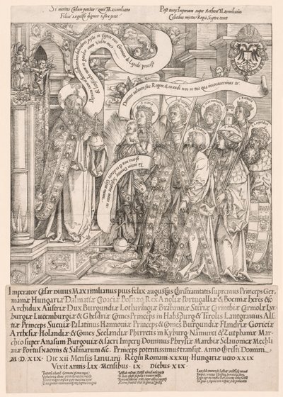 Maksymilian ofiarowany Wszechmogącemu przez swoich świętych patronów, 1519. autorstwa Hans Springinklee