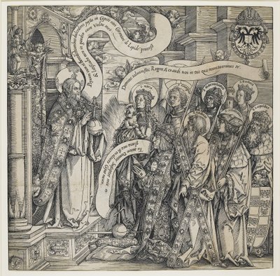 Maksymilian ofiarowany przez swoich świętych patronów Wszechmogącemu, 1519 autorstwa Hans Springinklee