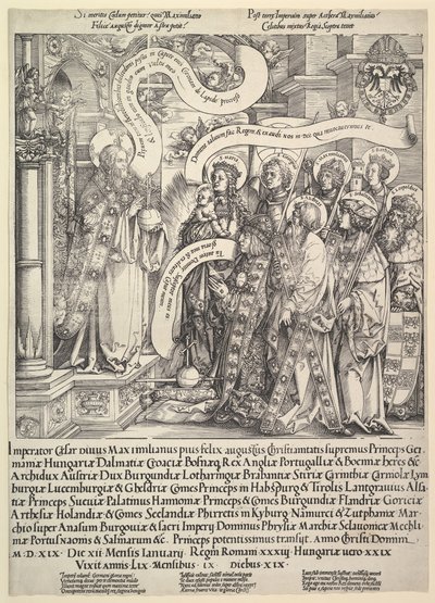 Maksymilian ofiarowany przez swoich świętych patronów Wszechmogącemu, 1519. autorstwa Hans Springinklee
