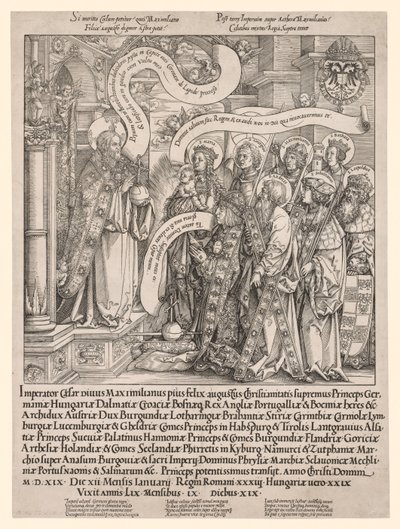 Cesarz Maksymilian przedstawiony Wszechmocnemu przez swoich świętych patronów, 1519. autorstwa Hans Springinklee