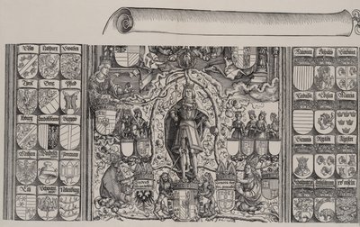Górna część Genealogii Maksymiliana, z prawym brzegiem zwoju na rok 1515. autorstwa Hans Springinklee