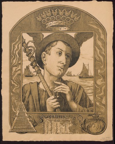 "Merkur Jahrers Regent". Merkury jako władca roku. Projekty do "Wiecznego kalendarza w obrazach", cz. II, 1901 (Immerwährender Bilderkalender) autorstwa Hans Thoma