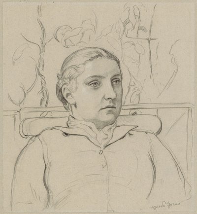 Portret żony artysty w popiersiu, siedzącej na ławce na tle zieleni autorstwa Hans Thoma