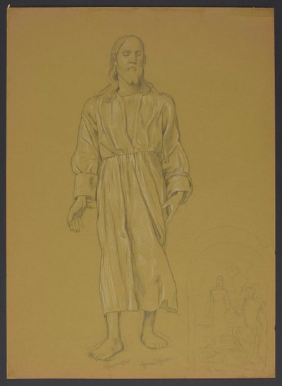 Studie der Gestalt Christi, daneben, unten, Skizze zum Gemälde "Taufe Christi" autorstwa Hans Thoma