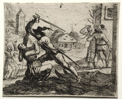 Obiekty wojskowe: Dwóch żołnierzy ścigających kobiety w wiosce. autorstwa Hans Ulrich Franck