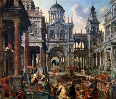 „Królowa Saby przed Salomonem”, 1601. autorstwa Hans Vredeman de Vries