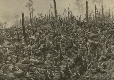 Niemiecki atak na francuskie bunkry i okopy w Bois-le-Pretre po bombardowaniu artyleryjskim 5 lipca 1915 (lito) autorstwa Hans W. (after) Schmidt