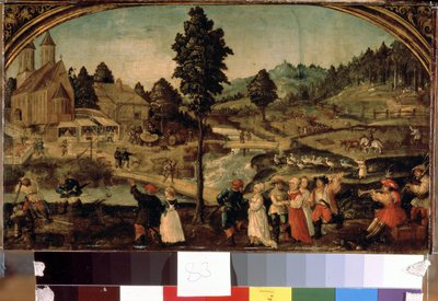 Fete de village (festiwal wiejski). Obraz Hansa Von Wertingera (ok. 1465-1533). Olej na drewnie, 22,5 x 40 cm, koniec XV w. Sztuka niemiecka, renesans. Muzeum Ermitażu w Sankt Petersburgu. autorstwa Hans Wertinger