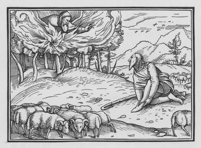 Bóg ukazuje się Mojżeszowi w płonącym krzewie, Księga Wyjścia III, 5 autorstwa Hans after Holbein the Younger