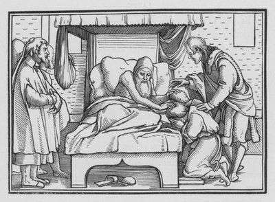 Jakub błogosławi Józefa i jego dwóch synów, Księga Rodzaju XLVIII, 14 autorstwa Hans after Holbein the Younger