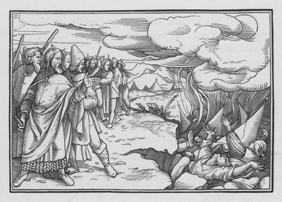 Bunt Korego, Datana i Abirama, Liczby XVI, 33 autorstwa Hans after Holbein the Younger