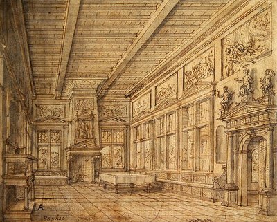 Wnętrze Sali (grafit, długopis i tusz oraz pranie na papierze) autorstwa Hans or Jan Vredeman de Vries