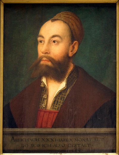 Portret bankiera Antona Fuggera (1493-1560) (w tekście: reprezentacyjny, bo w wieku 31 lat i 10 miesięcy) - Obraz Hansa Malera dit de Schwaz (1480-1526 lub 1529), olej na płótnie, około 1525 - Sztuka niemiecka XVI wiek - Musee des Beaux A autorstwa Hans or Johan Maler
