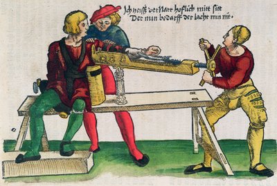 Aparat do leczenia złamań ramienia, ilustracja z „Feldtbuch der Wundartzney” Hansa von Gersdorffa, ok. 1540 (kolorowy drzeworyt) autorstwa Hans or Johannes Ulrich Wechtlin