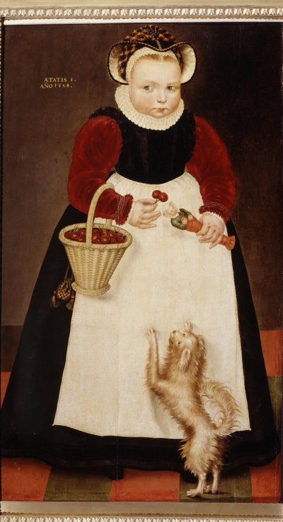 „Portret dziewczynki trzymającej kosz wiśni i małą lalkę”” (Portret dziewczynki) Nosi truskawkowy kołnierz Obraz Hansa Bocka Starszego (ok. 1550-1623) 1584 Muzeum Puszkina, Moskwa autorstwa Hans the Elder Bock