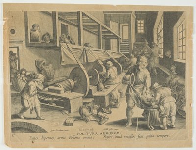 Politura Armorum, Broń polerska, blacha 17 z serii Nova Reperta, Modern Discoveries, c.1588 (rycina ) autorstwa Hans the younger Collaert