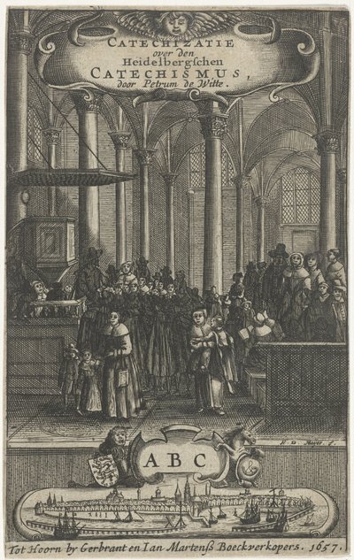 Wnętrze kościoła Strona tytułowa dla: P. de Witte, Katechizacja o katechizmie Heidelbergschen, 1657 autorstwa Harmen de Mayer