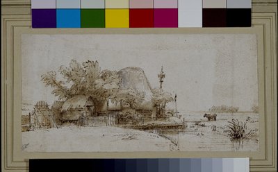 Pejzaż z zagrodą nad rzeką (tusz i pióro na papierze) autorstwa Harmensz Van Rijn (after) Rembrandt