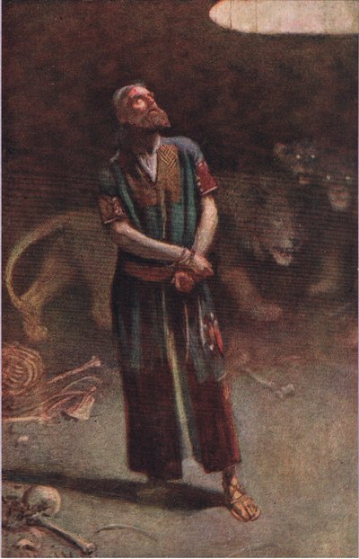 Daniel w jaskini lwów, ilustracja z serialu „Obrazki, które uczą korony”, 1920 autorstwa Harold Copping