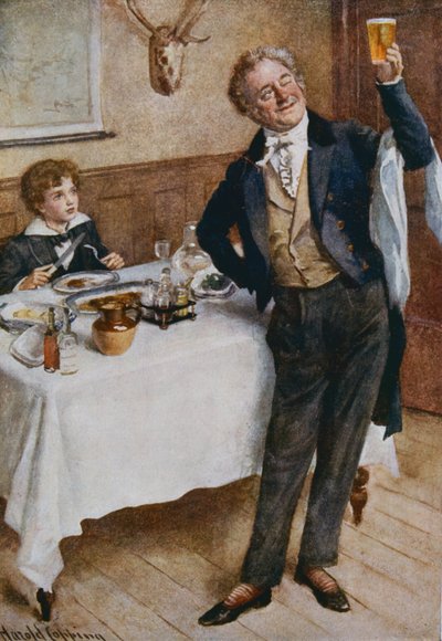 David Copperfield and the Friendly Waiter, ilustracja do "Character Sketches from Dickens", opracowanie B.W. Matz, 1924 r. autorstwa Harold Copping