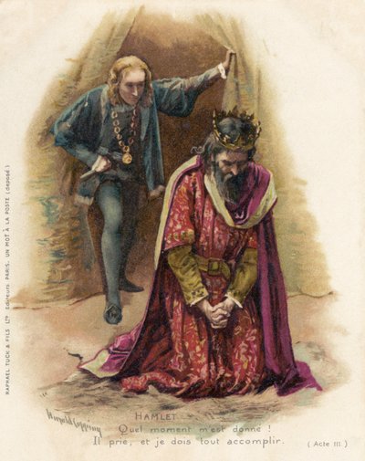 Hamlet konfrontuje się z winnym Klaudiuszem autorstwa Harold Copping